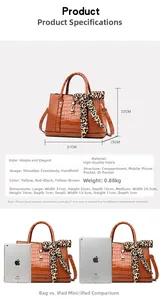 Brown crocodile pattern tote bag size guide with iPad comparison and dimensions