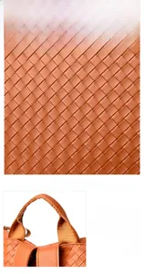 Detail showing the intricate orange woven leather texture and soft handle on the backpack