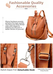 Detail of brown woven leather backpack showing metal zippers, hooks, and adjustable straps