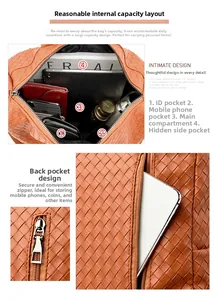 Detailed view of orange woven backpack interior compartments and secure back zipper pocket