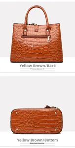 Detail view of brown crocodile embossed handbag showing back zip pocket and bottom studs