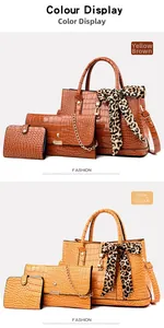 Three-piece crocodile pattern tote set with leopard print scarf in tan and yellow