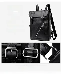 Dettaglio dello zaino vintage in pelle nera con fibbie e componenti metallici di qualità