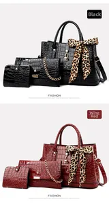 Three-piece handbag set with crocodile pattern, leopard scarf and metal lock in black and wine