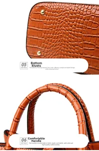 Detail view of orange crocodile texture handbag with metal bottom studs and round handle