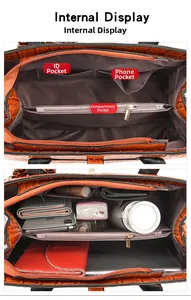 Internal view of brown crocodile texture tote bag showing multi-pocket storage capacity