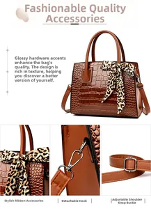 Détails du sac à main marron crocodile avec ruban léopard et boucles argentées