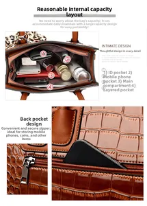 Sac cabas marron effet crocodile avec poches intérieures et compartiment arrière zippé