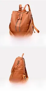 Detail view of woven texture and double zippers on yellow-brown PU leather backpack