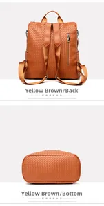 Detail view of woven brown PU leather backpack with adjustable straps and back zipper