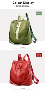 Detail view of woven PU leather backpacks in green and wine red with vertical zippers