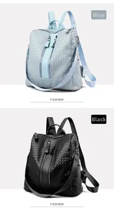 Detail view of woven texture PU leather backpacks in blue and black with metal zippers