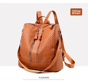 Detail view of woven yellow-brown PU leather backpack with dual zippers and side pockets