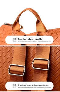 Detail of caramel braided leather backpack with soft handle and adjustable straps