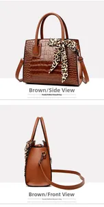Détails d'un sac à main marron foncé aspect crocodile avec un foulard en soie léopard
