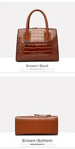 Sac à main marron motif crocodile vue arrière avec poche zippée et clous de fond