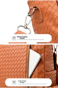 Detail of brown woven PU leather backpack showing metal hook and back zipper pocket