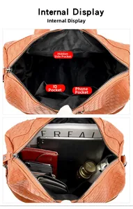 Internal structure of the brown embossed backpack showing multi-pocket storage capacity