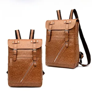 Dettaglio dello zaino in pelle PU marrone con fibbia vintage e cerniera diagonale