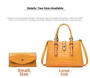 Détail du sac à main jaune à motif crocodile et de sa pochette enveloppe assortie
