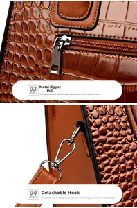 Détails de la fermeture éclair et des crochets métalliques sur un sac brun motif crocodile