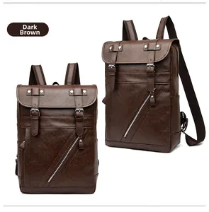 Dettaglio macro dello zaino in pelle PU marrone scuro con fibbie magnetiche e cerniere