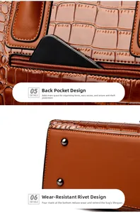 Sac à main marron à motif crocodile avec poche zippée arrière et clous de fond en métal