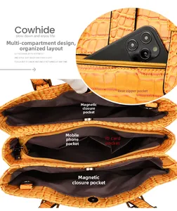 Détail du sac à main orange motif crocodile montrant les poches et la fermeture éclair dos