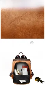 Detail of brown litchi pattern PU leather backpack with anti-theft back zipper