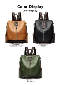 Close-up of three versatile PU leather backpacks in brown, black, and green colors