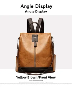 Detail view of yellow-brown PU leather backpack with vertical zip and dark straps