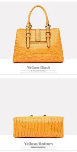 Détails de l'aspect cuir de crocodile jaune brillant et de la base du sac à main