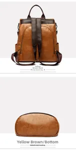 Detail view of the yellow-brown PU leather backpack showing the back and bottom sections