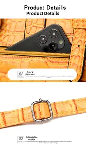 Détails du sac orange à motif crocodile avec poche zippée et boucle de réglage