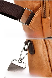 Detail of vintage brown PU leather backpack with durable metal D-rings and swivel hooks