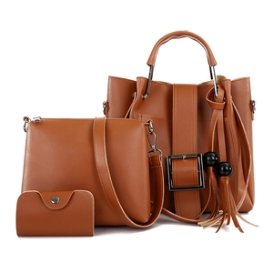 Braunes 3-teiliges Damen Handtaschen-Set mit Quasten-Beuteltasche und Umhängetasche