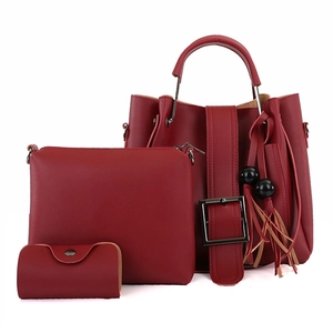 Damen-Handtaschen-Set 3-teilig in Weinrot mit Quastenanhänger und Metallschnallen-Dekor