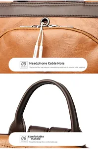 Close-up of anti-theft PU leather backpack showing headphone port and reinforced top handle