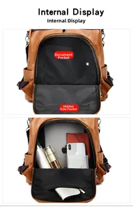 Internal display of the brown PU leather backpack with multi-pocket organizer for iPad