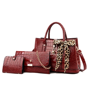 Crocodile Pattern Shoulder Tote Handbag And Chain Crossbody Purse With Leopard Print Scarf Glossy PU Leather Women Fashion