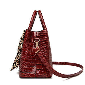 Burgundy crocodile embossed handbag set with leopard scarf and gold hardware accents