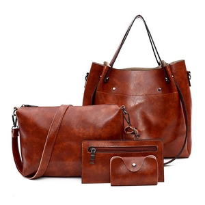 Bolso Tote de Cuero Sintético Retro Y Bolso Bandolera Y Billetera Y Tarjetero Para Mujer Color Sólido Bolso de Mano Minimalista Con Remaches de Metal Bolso de Viaje de Moda