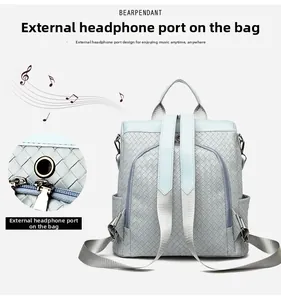Detail of integrated headphone port and woven leather texture on light blue backpack