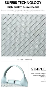 Detail of woven light blue leather texture and sturdy handle on a stylish handbag