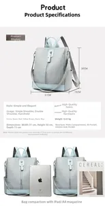 Detail showing dimensions 31x30x15cm and weight of light blue woven texture backpack