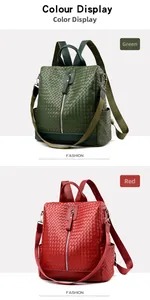 Detail showing red and green woven backpacks with dual-strap versatile designs
