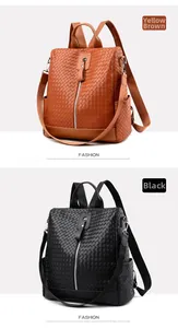 Detail of woven texture anti-theft backpacks in yellow brown and black leather finishes