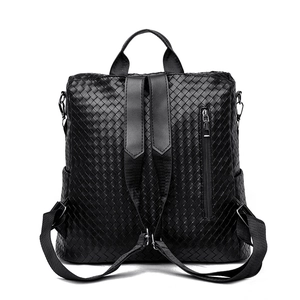 Classic black woven pattern faux leather backpack for women with adjustable straps