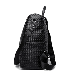 Chic black woven PU leather backpack for women featuring stylish crossbody strap and top handle