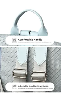 Detail view of woven leather texture, comfortable handle, and adjustable silver metal buckle